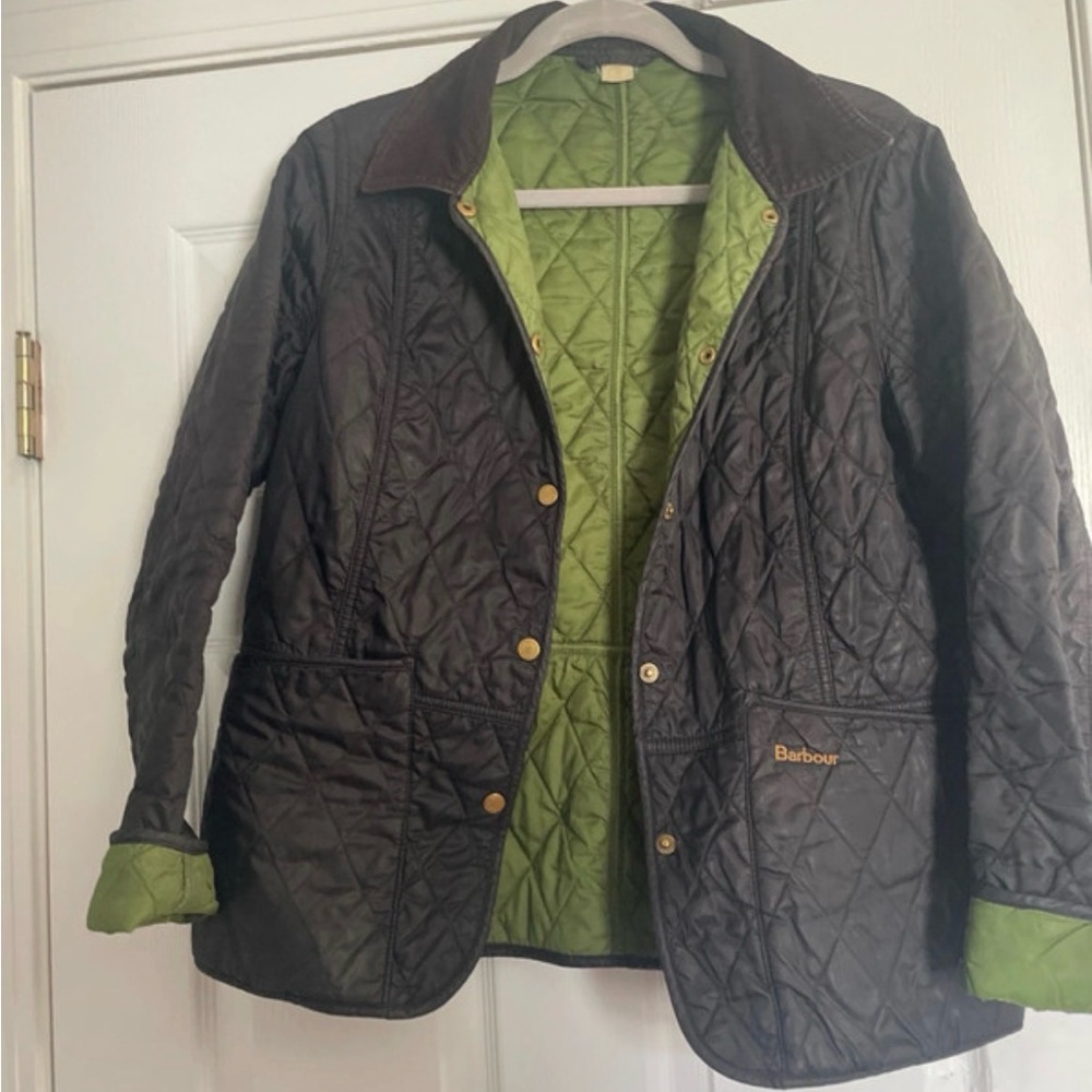 Barbour Black Quilted Bomber Jacket with Green Lining